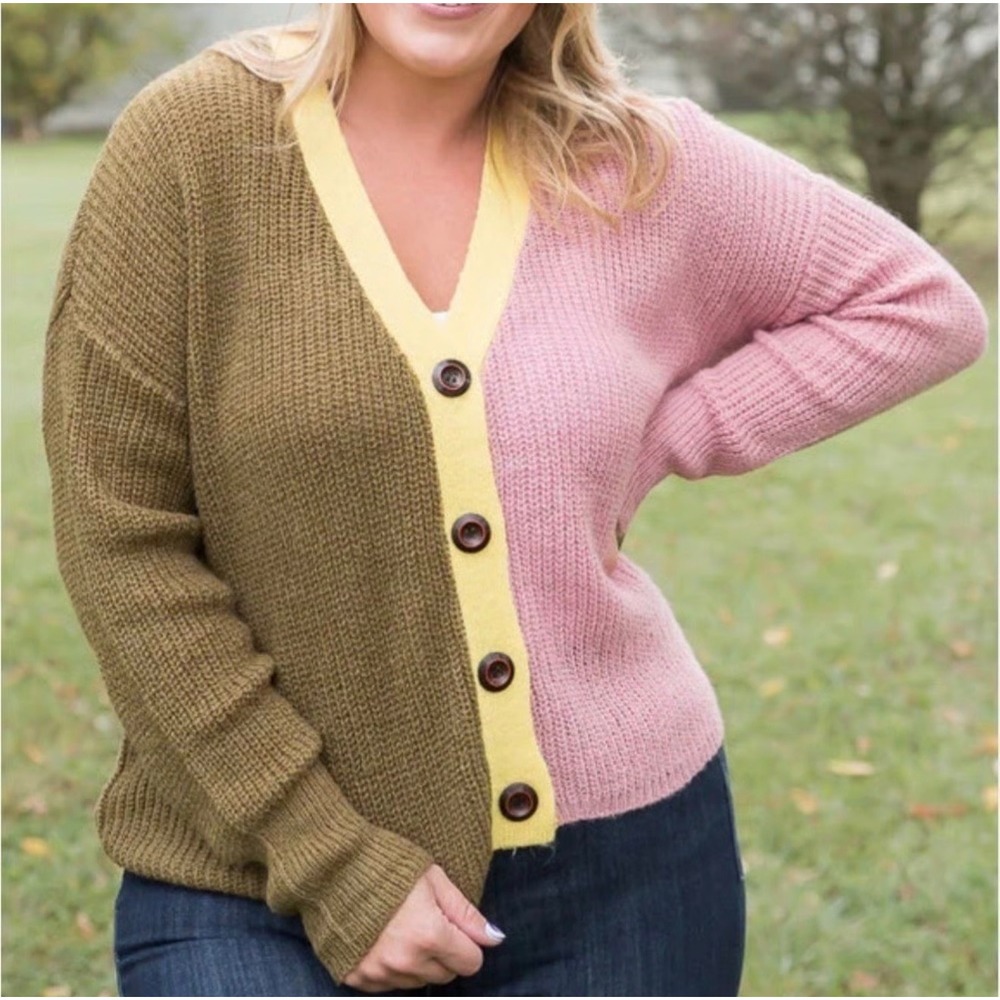 White Birch Colorblock Cardigan Sweater XL Pink Green Yellow Button Front V-Neck